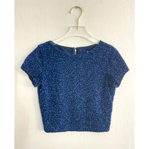 Alice + Olivia Vintage Top 2 Blue Sequin Gillter Sparkle Crop Top Baby Tee Y2K